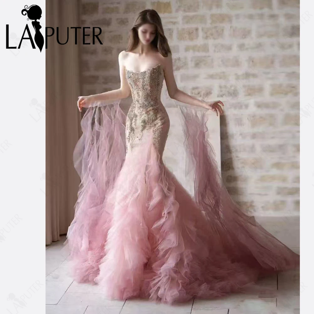 Pink Ruffles Mermaid Evening Dress Beaded Illusion Body Fairy Formal Dress Off Shoulder Water Sleeves Cape Fade Pink Prom Gown