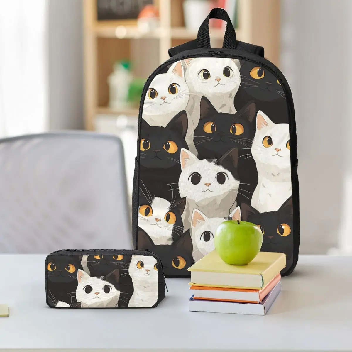 Cartoon Cat Kitten Pattern Backpack Boys Girls BookBag School Bag Shoulder Bags 3ps Insulated Lunch Bag Pencil Case