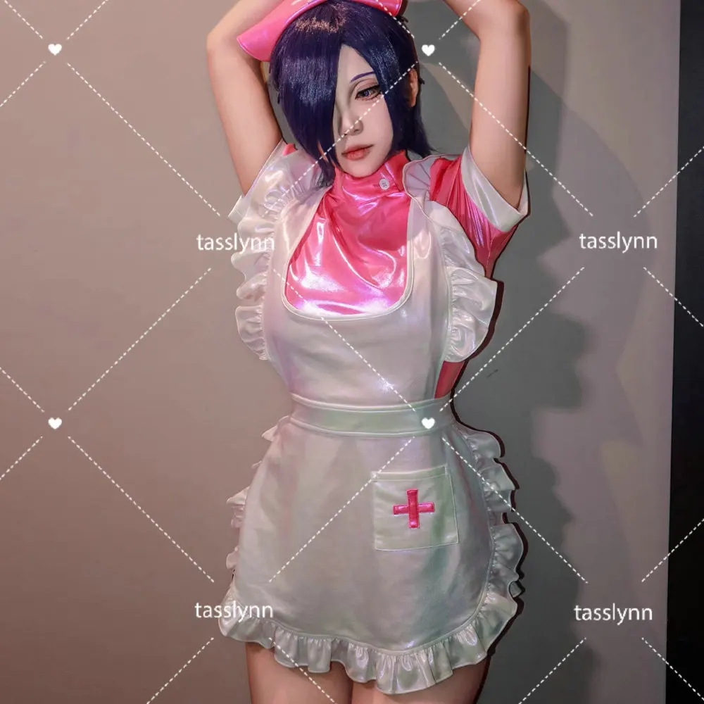 

Pink Nurse Cosplay Costumes Illusionary Nurse Uniform Painted Leather Dress Cyberpunk Dress Sexy Maid Dress Women Anime Clothes