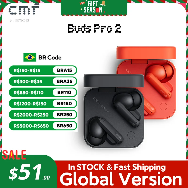 Global Verison CMF da Nothing Buds Pro 2 com cancelamento de ruído ativo híbrido de 50 dB 6 MICS HD IP55 Bluetooth 5.3 Buds Pro2