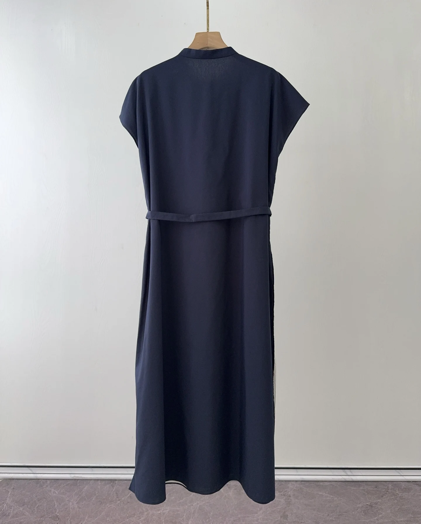 Summer 2026 16mm double-layer silk cotton side slit lace up dark blue dress for women