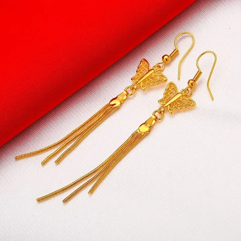 24K Gold Butterfly Tassel Earrings AU999 Full Gold, Three-dimensional Butterfly Wings Styling with Gold Chain Tassel