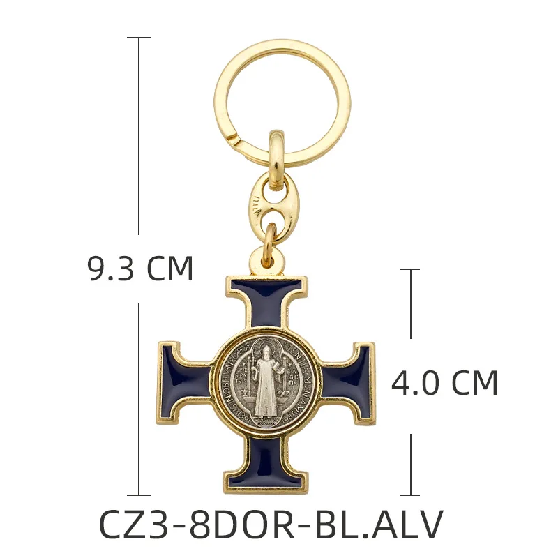 Blue Enamel Alloy St Saint Benedict Keychain Key Pendant Appendage Italy Jewelry 4x9.3cm