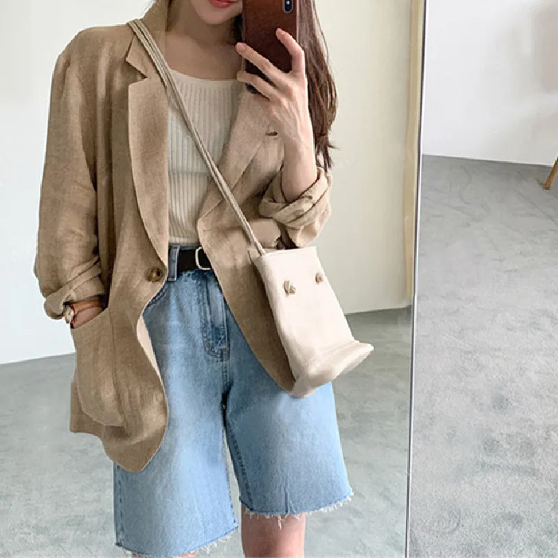 

Solid Thin Blazers Women Loose Retro All-match Cotton Linen British Style Fashion Office Lady Pockets Chic Cozy Slim Streetwear
