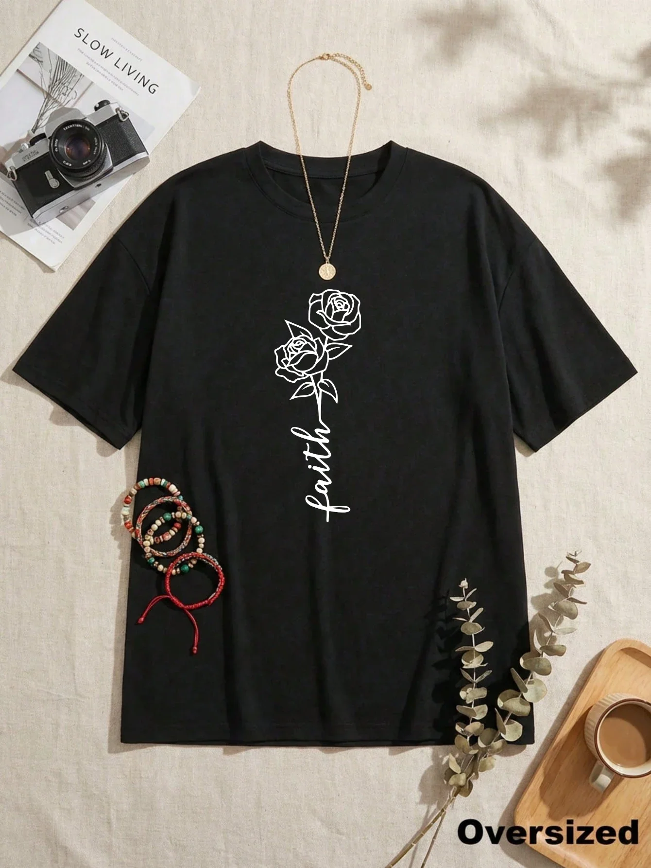 Spring Summer Female Daily Casual Fashion Short Sleeve Top 2026 Hot Sale Women's Oversize T-shirt Faith Flower Print Cotton Tees