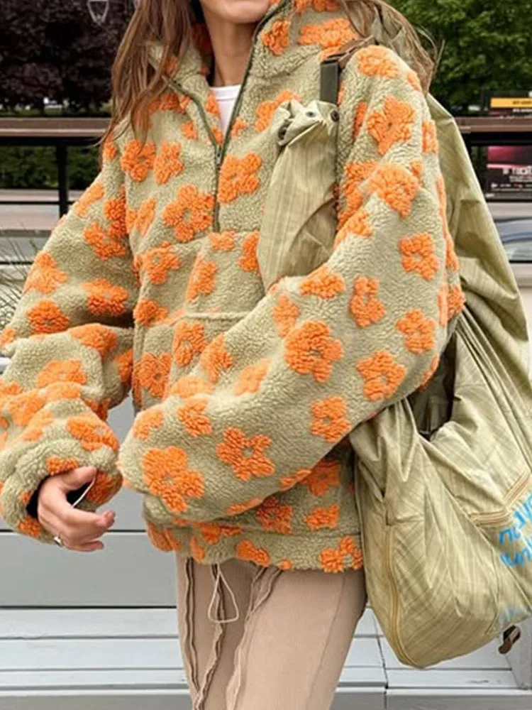 

Осень-зима, повседневный свободный женский топ с длинным рукавом, модный шерстяной свитшот с принтом, элегантный пуловер на молнии с воротником с лацканами, толстовка