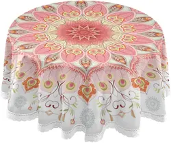 Indian Floral Peacock Feathers and Paisley Round Dinner Table Cloth Traditional Mandala Polyester White Lace Tablecloth 60 Inch