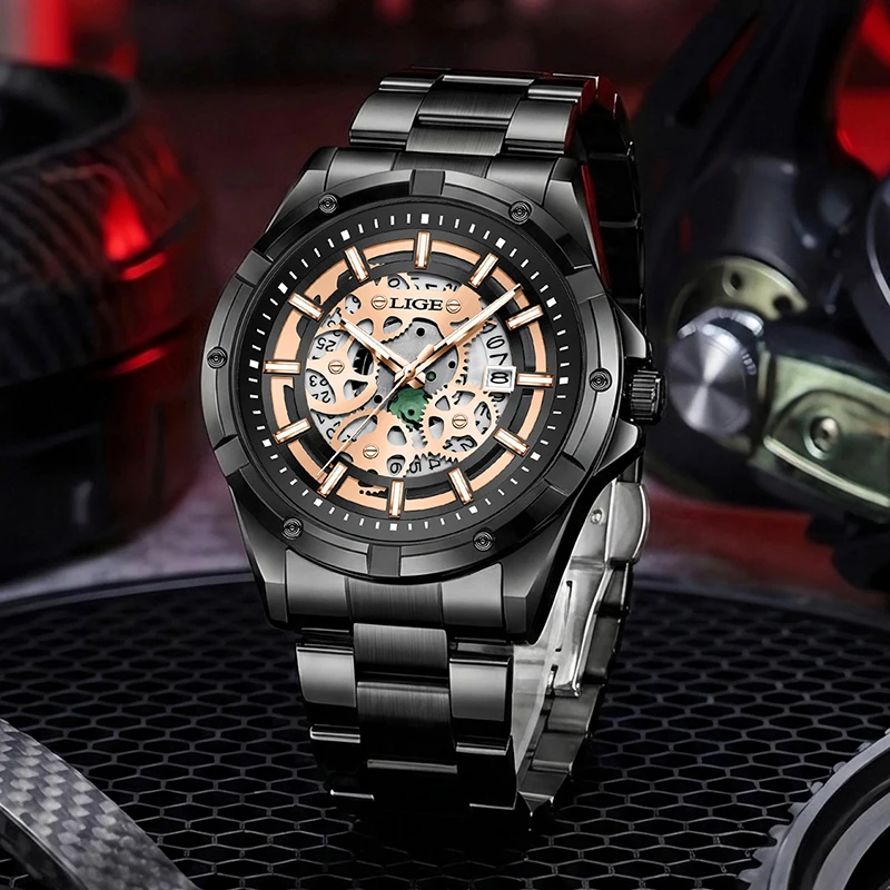 

LIGE New Creative Hollow Skeleton Watch Men Outdoor Sports Waterproof Chronograph Luminous Wristwatch Date Quartz Men's Watches