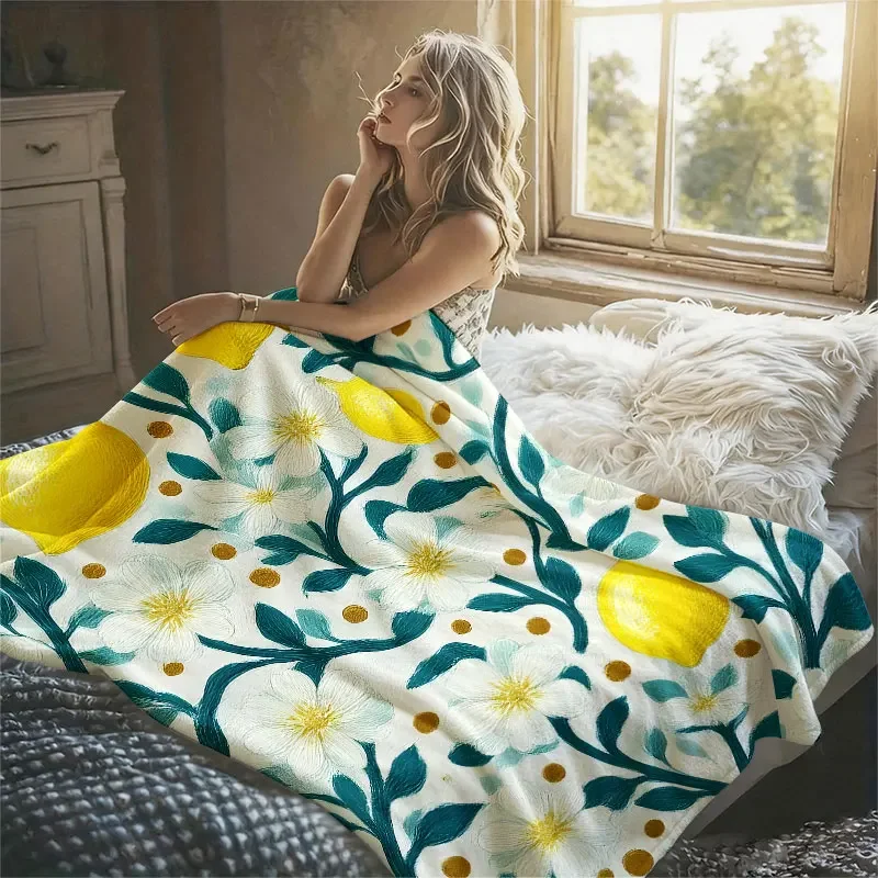 Lemon Floral Print Flannel Blanket Warm Soft Halloween Christmas Decorative Couch Warm Cozy All-Season Gift