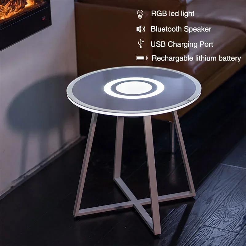 Best Seller FirstModern Design Speaker Table Tempted Glass Luxury Led Light Smart Side Table Round Glass Coffee Table With Iron