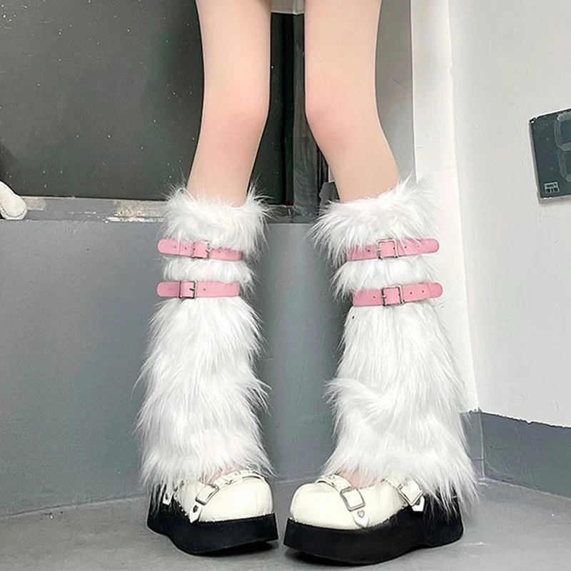 

Теплые нечеткие гетры женские Harajuku Y2K с пряжкой однотонные гетры милые белые кавайные милые гетры уличные лоскутные