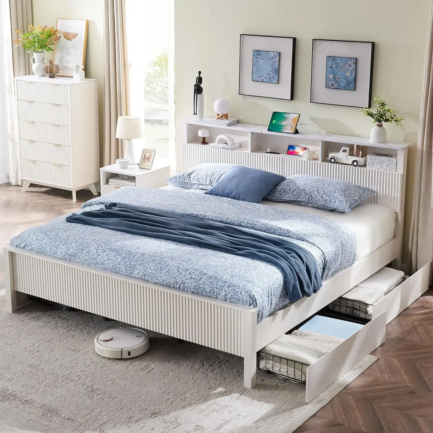 

#For Fluted Panel Queen/King Bed Frame with Bookcase Headboard & Charging Station, Modern Wood Platform Bed with 4 Drawers&