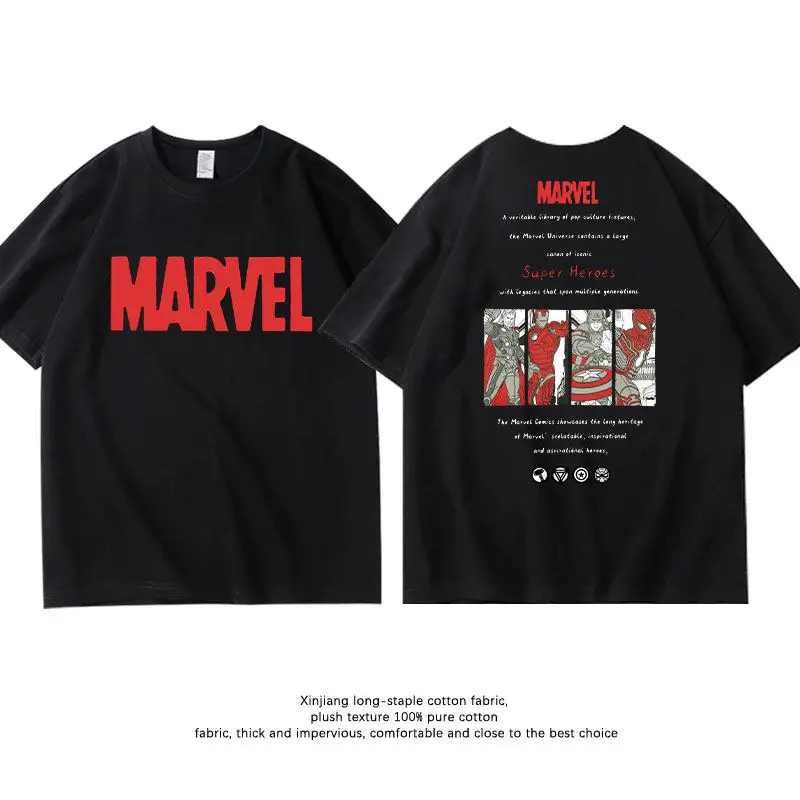 

Детская футболка 2026 Marvel Avengers, черная, хлопковая, с двусторонним мультяшным принтом, комплект для родителей и детей, с круглым вырезом, с коротким рукавом