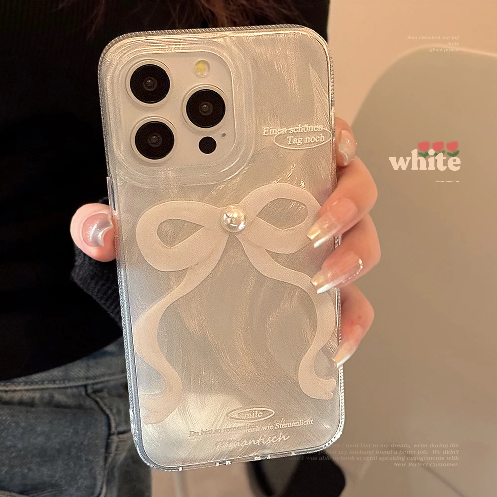 Ins Korea Cute Pearl White Bow Silvery Phone Case for iPhone 15 14 13 Pro Max 12 Pro 11 Back Cover image 6