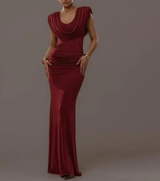 

2026 Autumn Spring New Fashion Women's Clothing Solid Color Temperament Elegant Sexy Waist Cinched Pleated Collar Slim Fit Dress