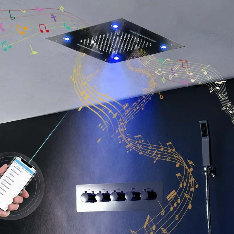 New Design Music Shower Bathroom Shower Set Electric LED Colorful Rain Mist Waterfall Thermostatic Valve 16'' Polished