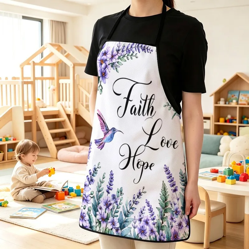 1PC【Apron】2D Flat effect，pastoral style lavender floral hummingbird print，Durable and practical，Suitable home kitchen