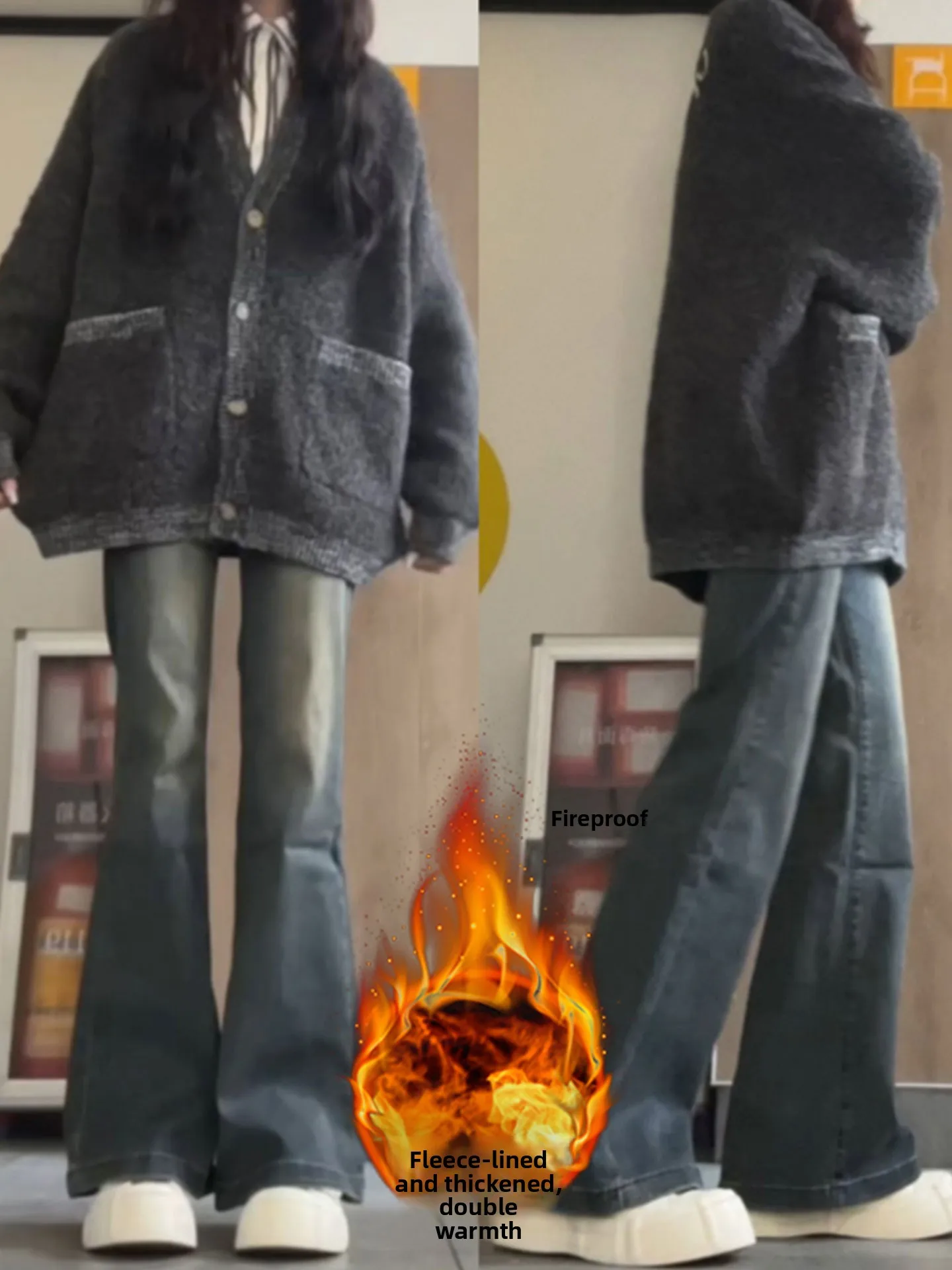 

Синие утепленные джинсы-клеш с подкладкой для женщин, осенне-зимние, новые, облегающие, винтажные, повседневные, для работы, с эффектом похудения