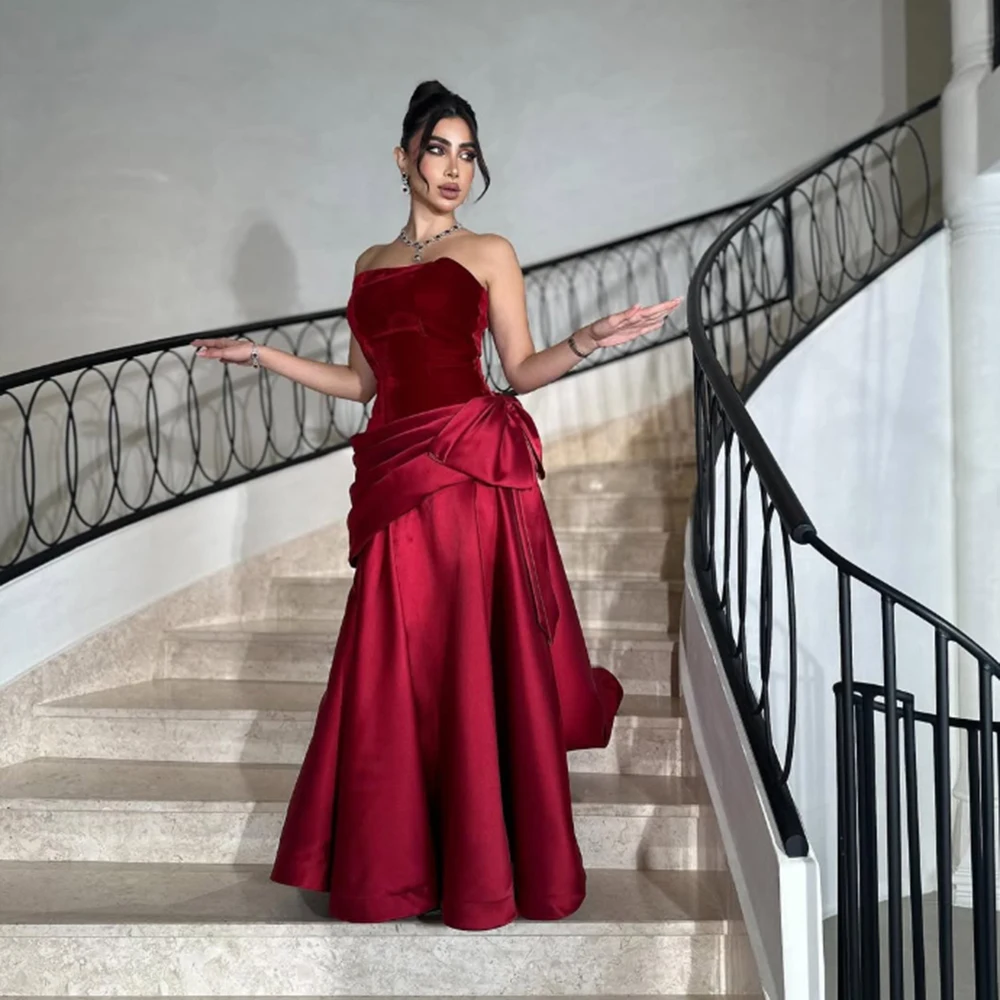 

Customized Burgendy Velour Backless Evening Dresses With Bow A-line Draped Pageant Party Gown Floor Length Sleeveless Dresses