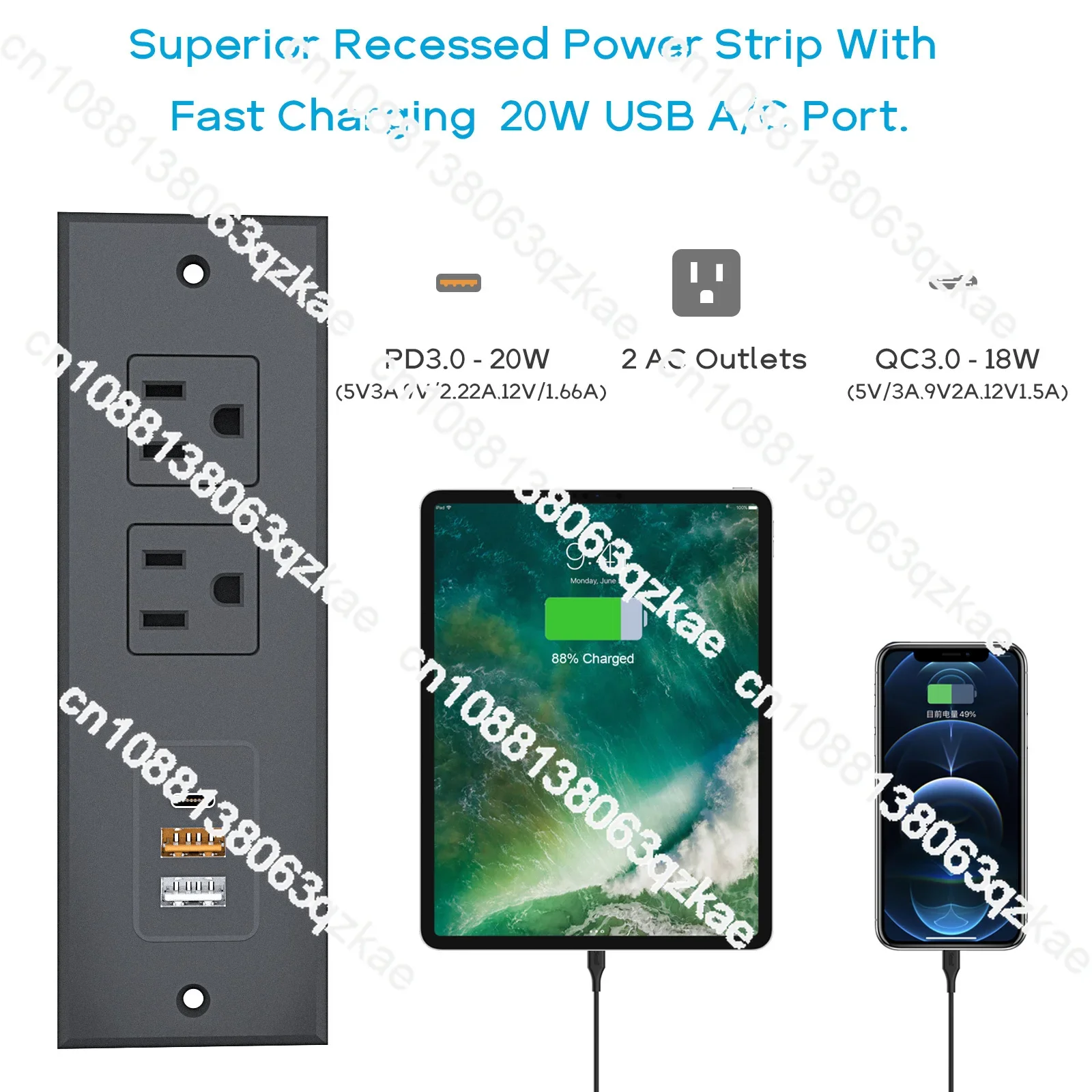 Recessed Power Strip with 20W USB C Port Conference Recessed Power Outlet Socket Fast Charging 3.0 3A USB-A Desk Outlet