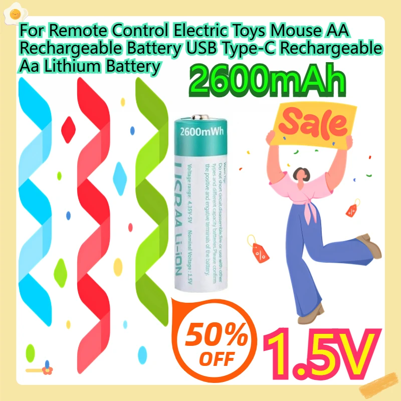 

For Remote Control Electric Toys Mouse AA Rechargeable Battery USB Type-C Rechargeable Aa Lithium Battery 1.5V 2600mWh