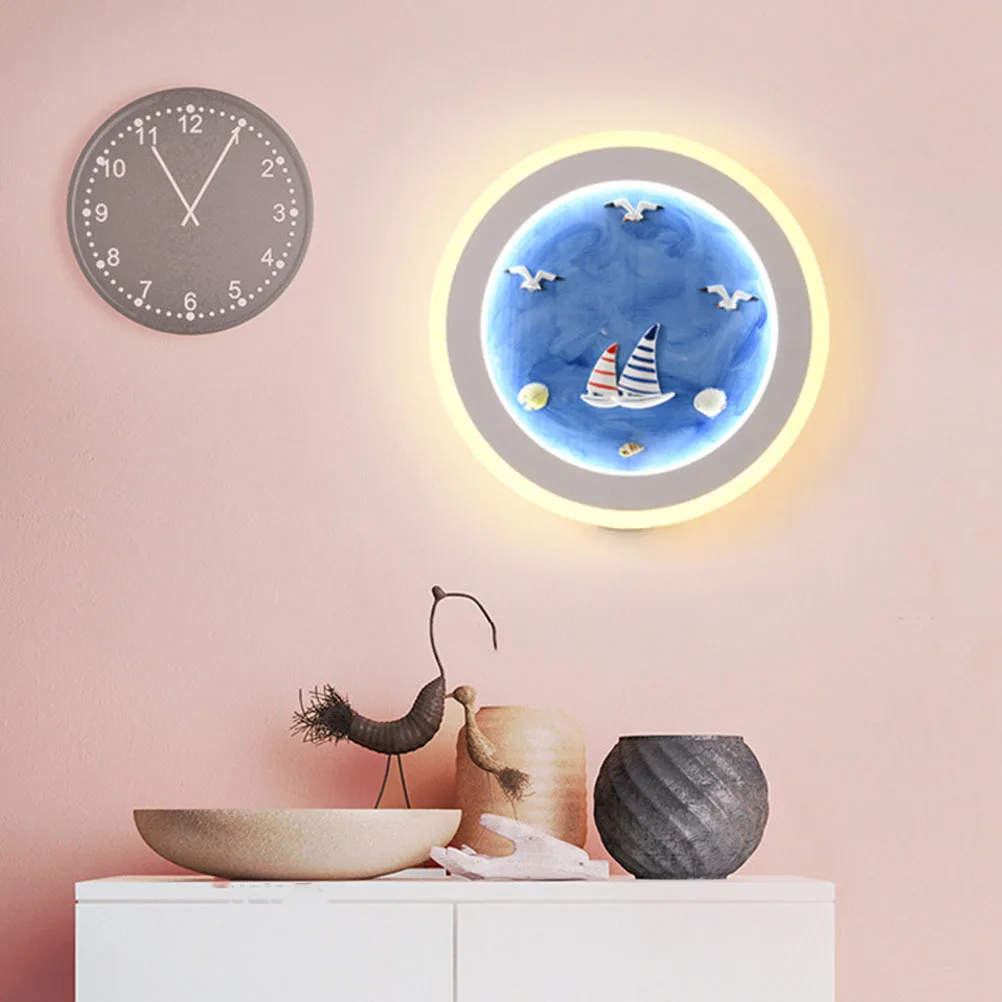 

1pc Cartoon Wall Lamp Blue Creative Mediterranean Style Acrylic Wood Bedroom Bedside Light For Room Living Room Nordic