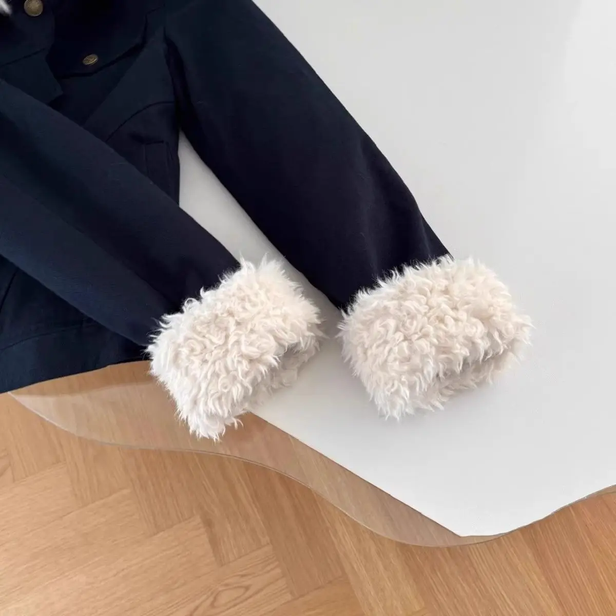 Faux Lambswool Patchwork Short Quilted Cotton Jacket Coat Women Retro Slim Navy Blue Padded Coat Female Workwear Style Outerwear