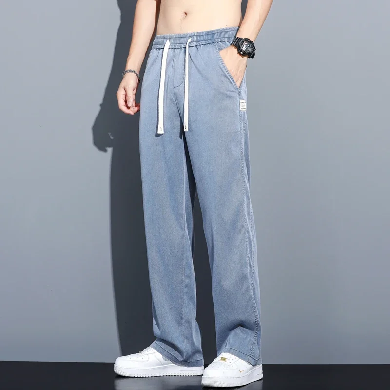 2024 Summer Soft Fabric Men's Jeans Thin Loose Straight Pants Drawstring Elastic Waist Korea Casual Trousers Plus Size M-5XL