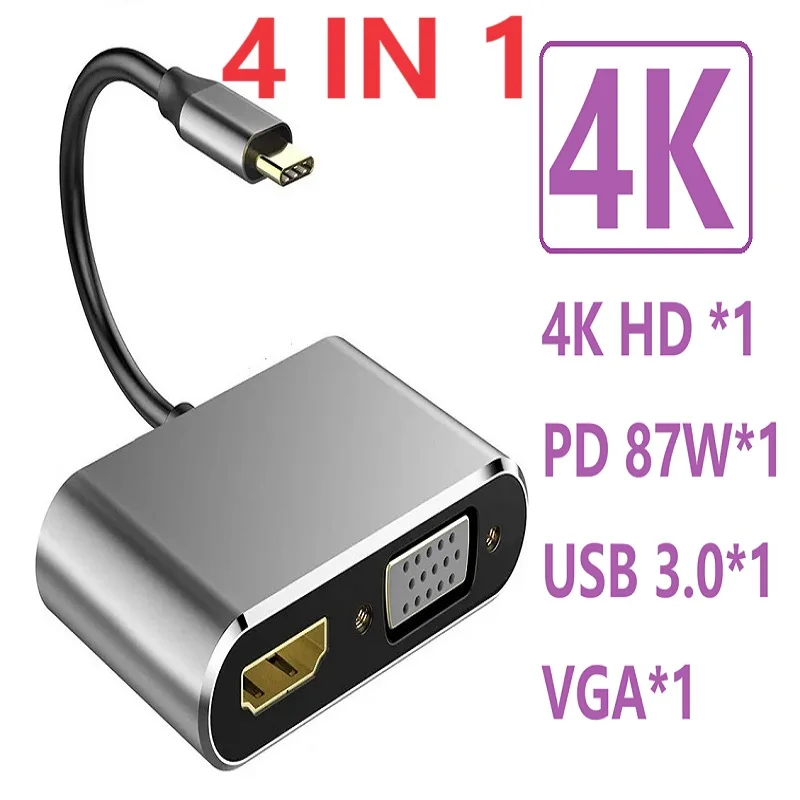 

4 in1 Docking Station Type-c Hub to Hdmi Vga RJ45 VGA USB 3.0 Audio Adapter for MacBook Pro/Air Thunderbolt PD 87W Fast charger