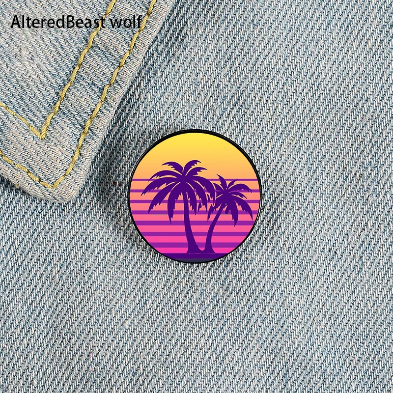 Synthwave Sun Palm Trees Printed Pin Custom Funny Brooches Shirt Lapel Bag Cute Badge Cute Jewelry Gift for Lover Girl Friends