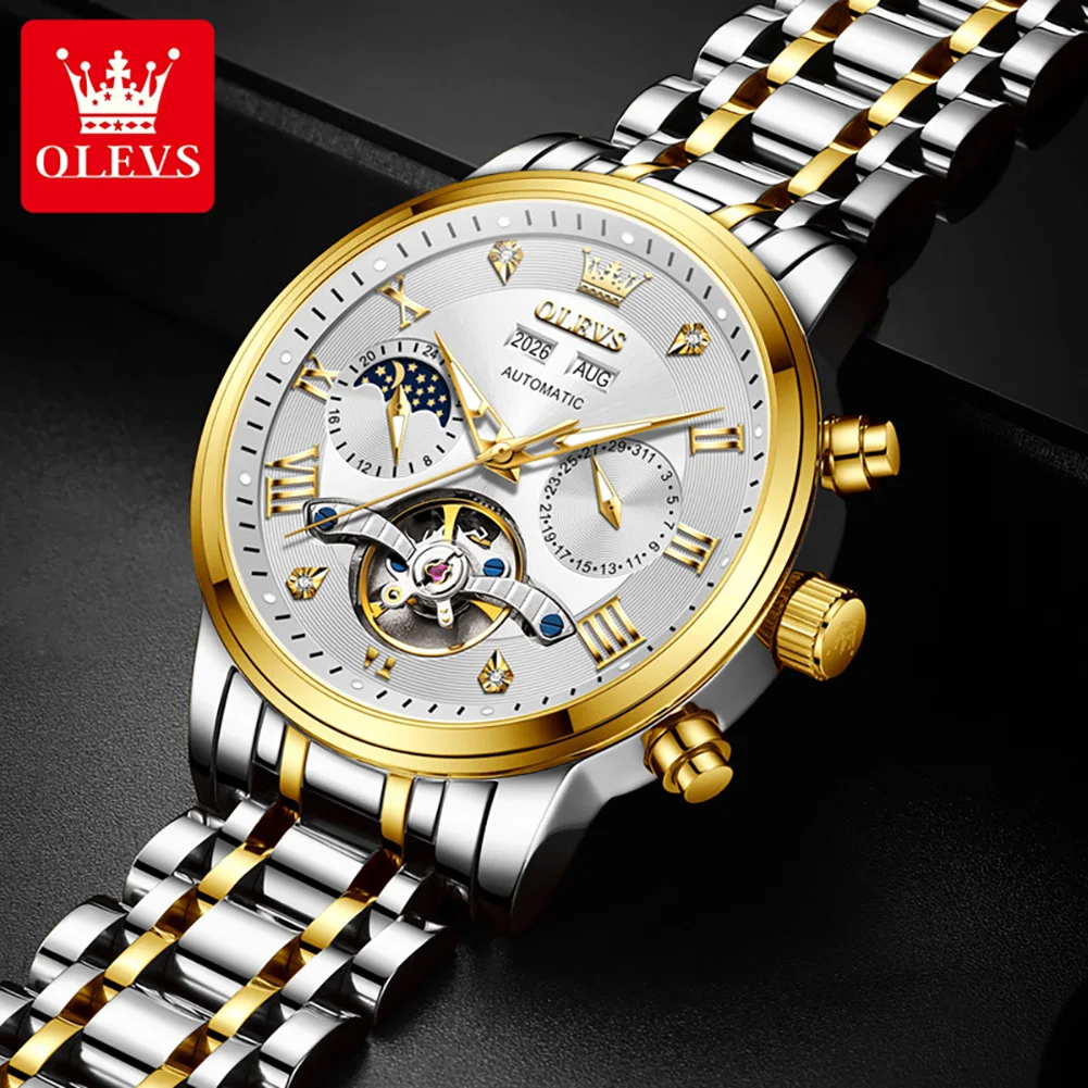 OLEVS 6763 Luxury Mens Watch Original Moon Phase Skeleton Mechanical Watches For Men Calendar Waterproof Stainless Steel Watch