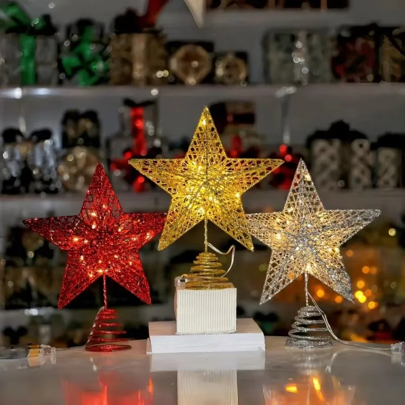 Red Sliver Gold Christmas Tree Top Iron Star for Xmas Tree Ornaments  2024 Christmas Tree Top with Lighted Iron Pentagrams