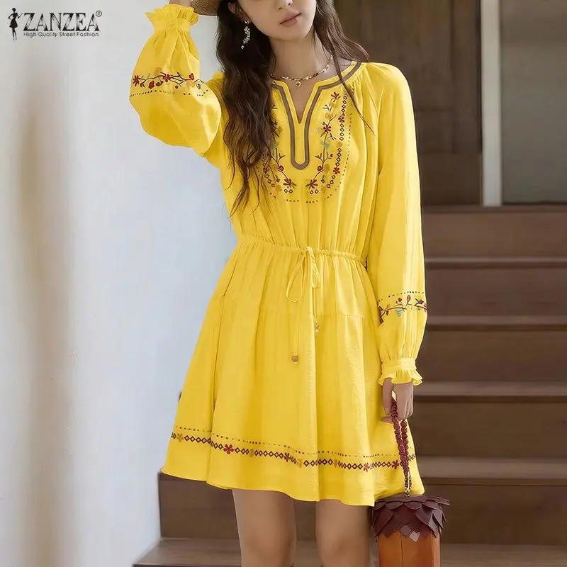 ZANZEA Vacation Dress Women Vintage V Neck Long Lantern Sleeve Floral Print Sundress Ruffled Drawstring Waist Vestidos