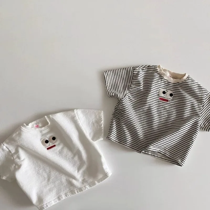 2026 Summer Baby T Shirts 0-3Y Cute Embroidered Big Eyes Boys Girls Cottpn Tee Tollder Kids Striped Tops Infant Clothes