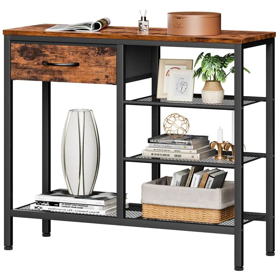 

Entryway Table Industrial 31.5 Sofa Console Table with Metal Mesh Shelf,Storage Fabric Drawer 4Tier Shoe Rack Side Furniture fo