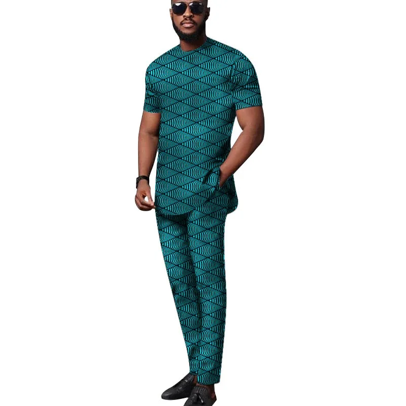 

African Tops+Elastic Waist Trousers Male Groom Suit Nigerian Fashion Short Sleeves Men's Sets Party Wear