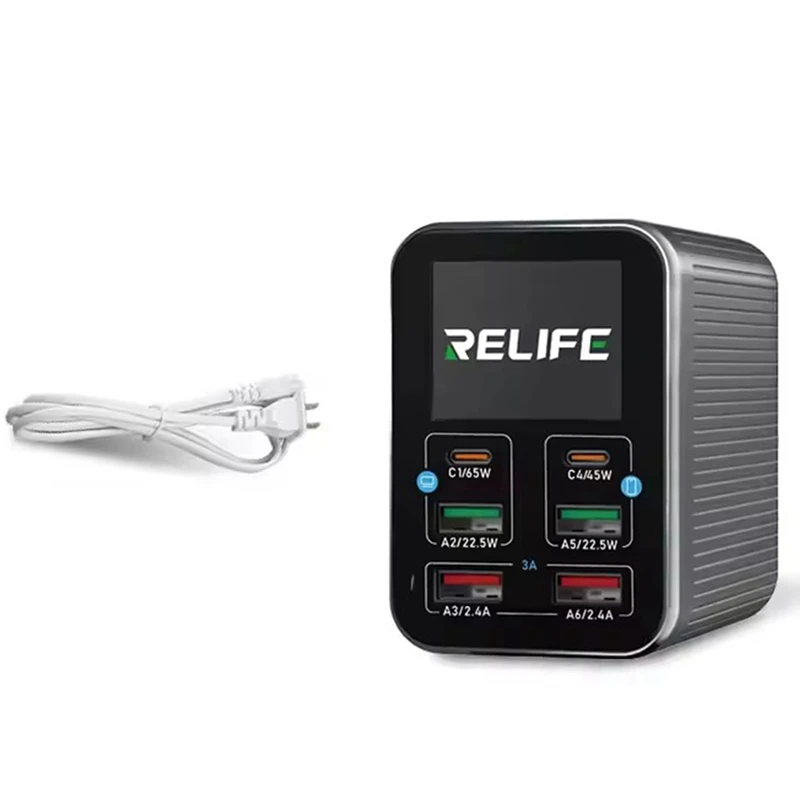 6-Port Desktop Fast 72W Charger Dual PD+Dual QC,TFT HD Color Screen,Smart Sleep Mode,Compact & Portable Grey