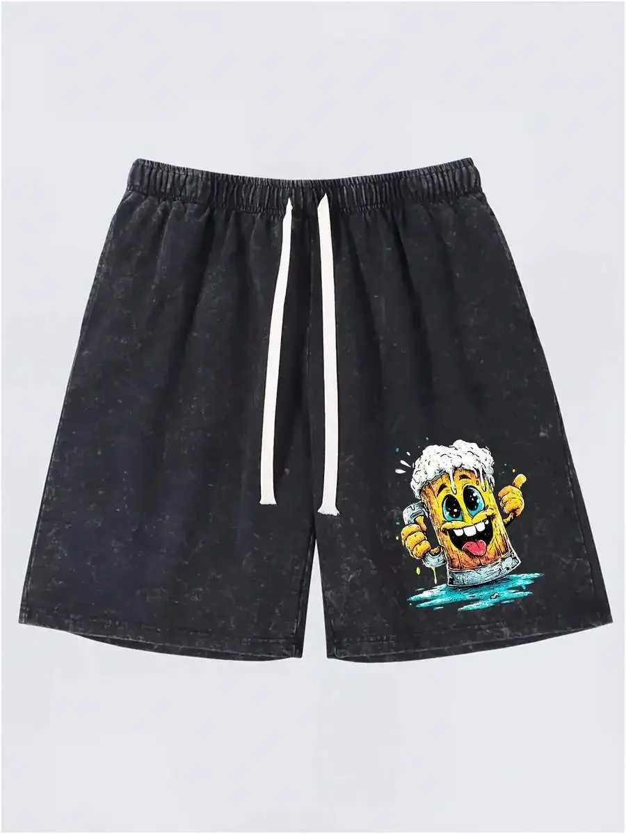 

Mens Retro Acid Washed Shorts With Fun Beer Cartoon Graphic, Elastic Waist And Adjustable Drawstring For Summer Casual Wear