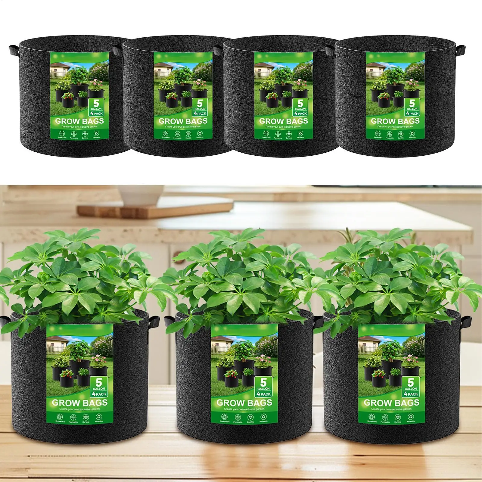 5/10/15 Gallons Plant Grow Bags 4pcs Thickened Non-Woven Fabric Pots Portable Planter Pot Growing Bag For Planting Vegetable
