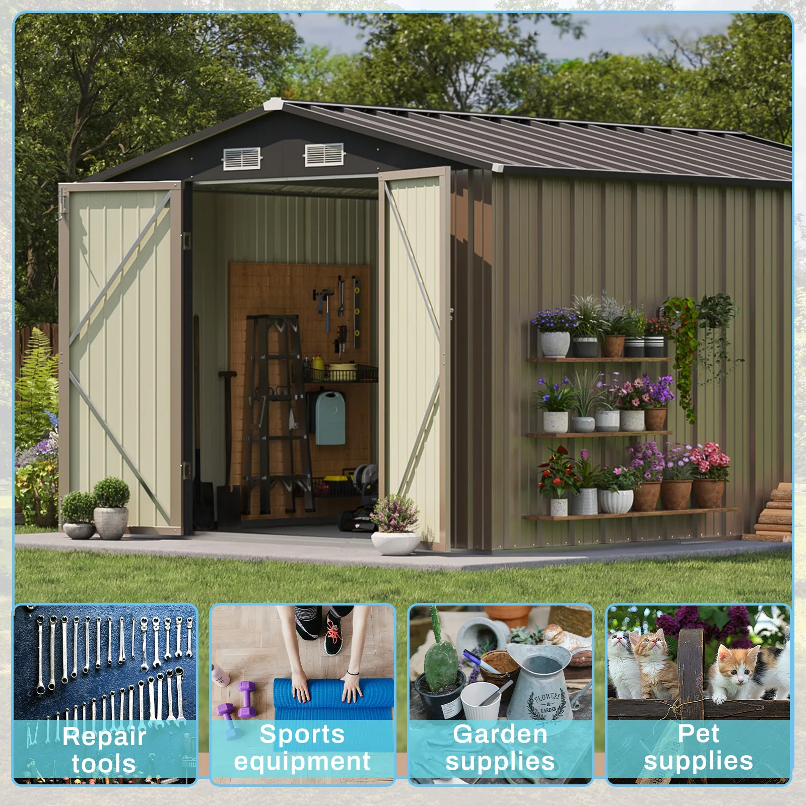 8x10 FT Large Outdoor Storage Shed Garden Metal Shed with Design of Lockable Doors, Storage Shed for Backyard, Patio