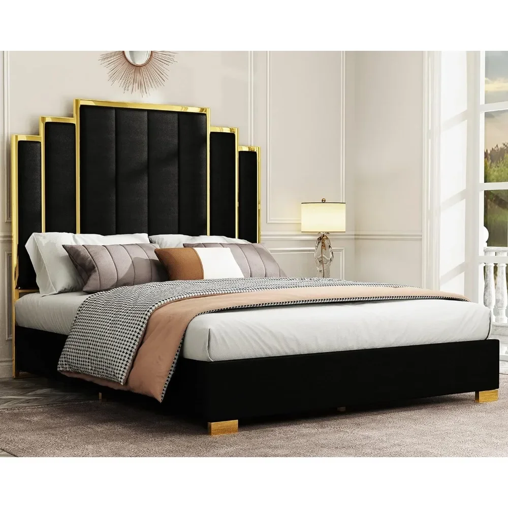 

Queen Size Platform Bed Frame 61.4" Velvet Upholstered Bed With Gold Trim Headboard/Wooden Slats/No Box Spring Needed/Black Beds