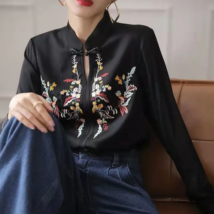 French Simulation Silk Shirt with a Female Design Sense Heavy Industry Embroidery Commuting Retro Chinese Style Button Tops