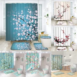 Japanese Cherry Blossom Shower Curtain Set Non-Slip Rug Toilet Lid Cover Bath Mat Spring Sakura Flower Pastoral Bathroom Curtain