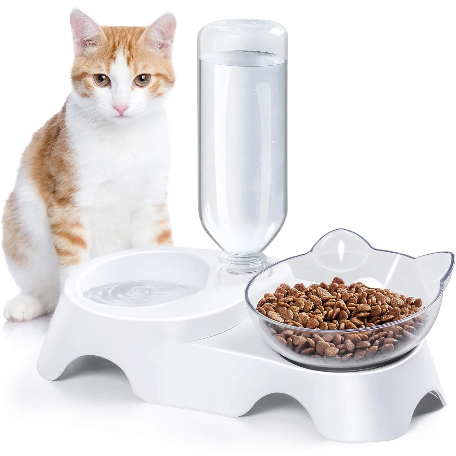 Cat Food and Water Bowl Set Automatic Water Dispenser Tilted Cat Feeding Station Cute Indoor Kitten Pet Dish Easy Clean