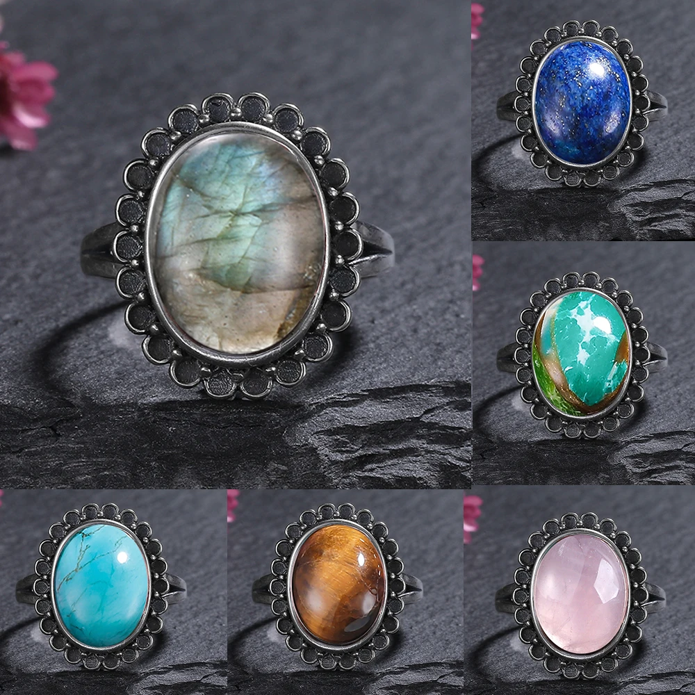 Vintage Oval Natural Stone Rings for Women Retro Black Plate