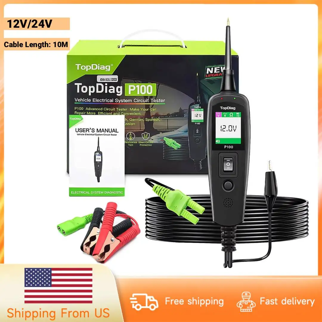 Topdiag P100 10M Car Electrical Circuit Tester P100 Automotive Power Circuit Probe Kit 12V 24V Battery Tester Car Diagnostic Tool