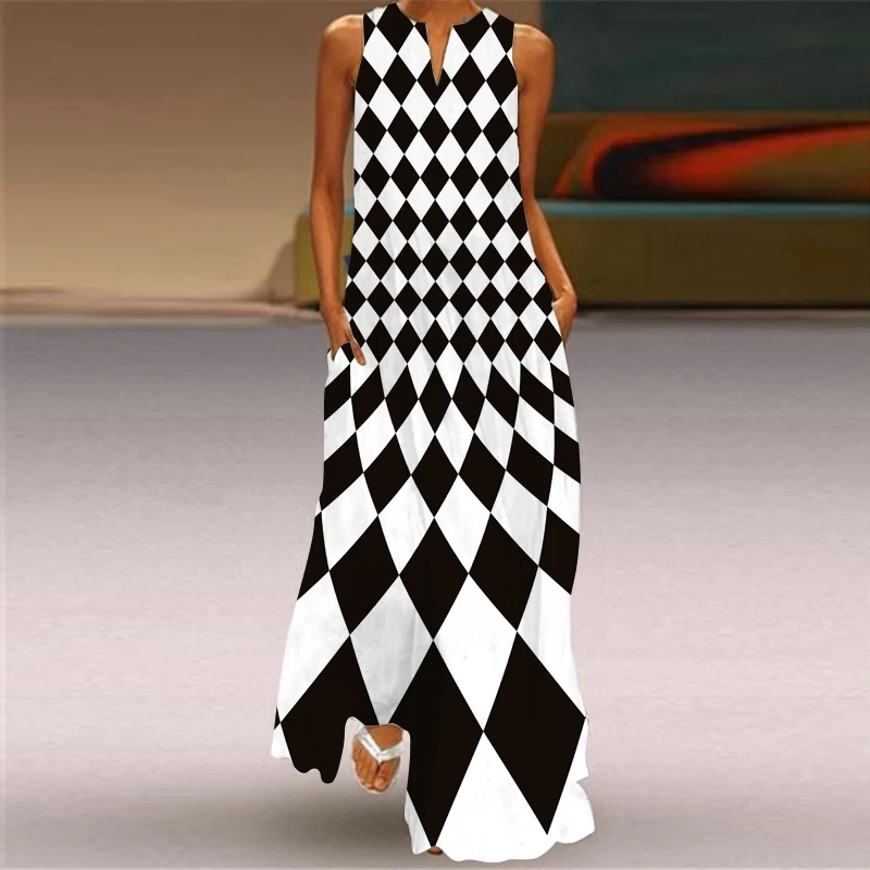 

MOVOKAKA Plaid Stripe 3D Printed Black 2022 Elegant Casual Vintage Dresses Woman Summer Beach Sleeveless Girls Long Dress Women