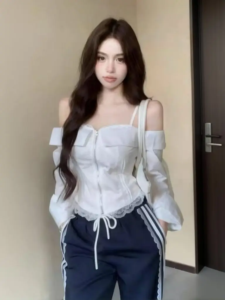 Sweet Elegant Lace Off Shoulder Blouse Women Slim Fit Thin Strap Ruffle Top Zipper Shirt Corset Spring Summer Outwear