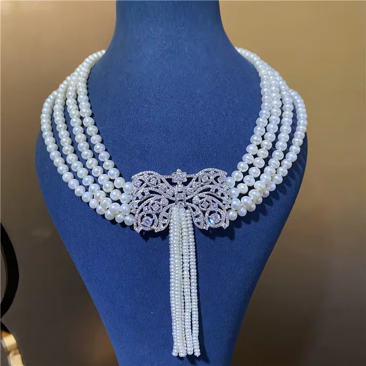 20'' Women's 4 Rows Natural Cultured White Pearl   CZ Tassels Necklace