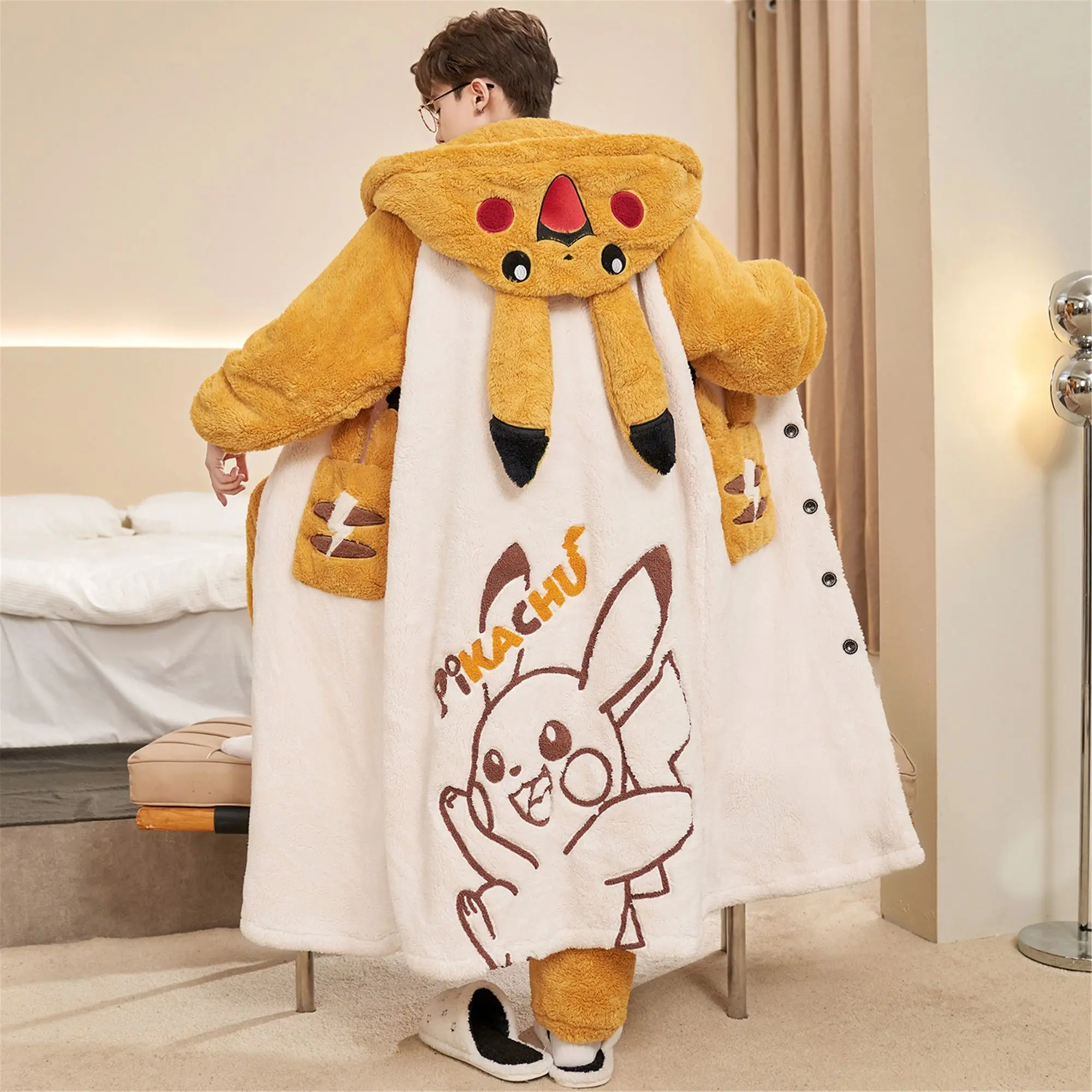 

Pikachu Hooded Plush Robe Pajamas Set Warm Flannel Loungewear Soft Home Sleepwear for Men Boys Anime Fans Daily Casual Comfort
